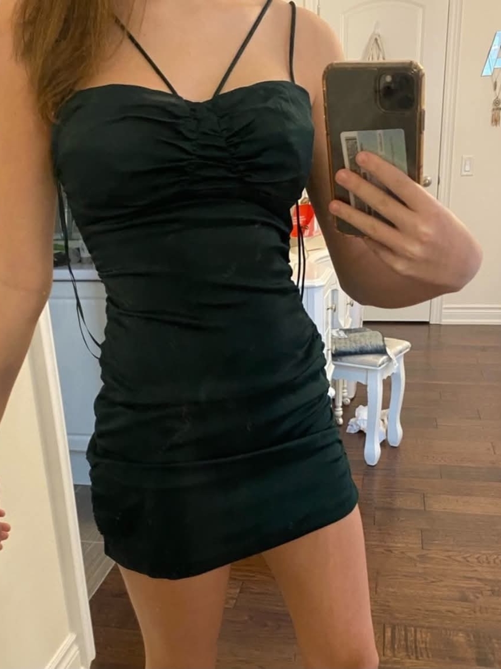 Zara Dark Green Ruched Spaghetti-Strap Mini Dress